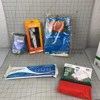 #211 Fire Knife, Inflatable Splints, Life Straw, Tube Tent and First Aid kit