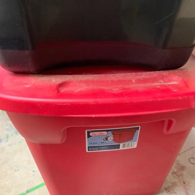 #338 Sterilite 18 Gal Red Storage Bin and Black Storage Bin