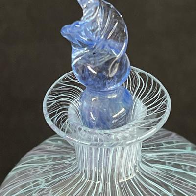 Perfume Bottle Latticino Ribbon Art Glass Stopper in Turquoise and Blue