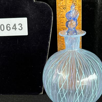 Perfume Bottle Latticino Ribbon Art Glass Stopper in Turquoise and Blue