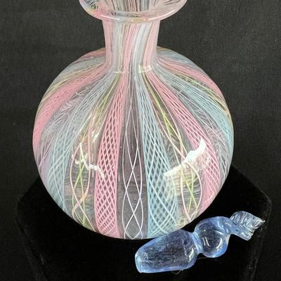 Pink and Blue Latticino Italian Art Glass Perfume Bottle