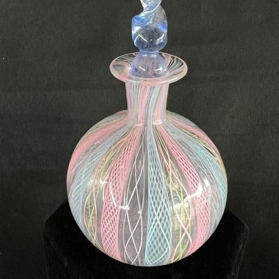 Pink and Blue Latticino Italian Art Glass Perfume Bottle