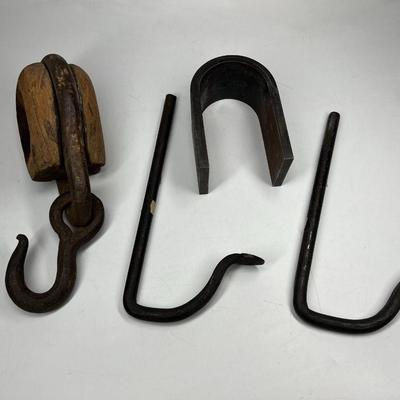 Lot of Antique 19th Century Deadeye Nautical Hook, Magnetic Tool, and Various Head Hooks