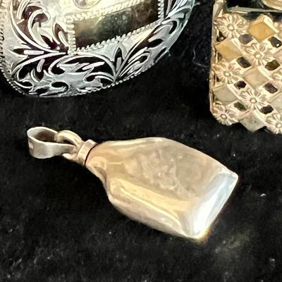 3 Miniature Perfume Bottles Silver Chased Necklace Scent