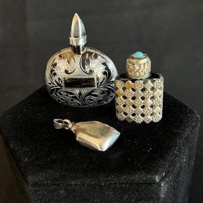 3 Miniature Perfume Bottles Silver Chased Necklace Scent