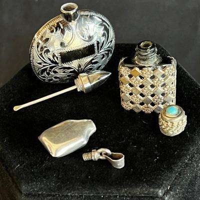 3 Miniature Perfume Bottles Silver Chased Necklace Scent