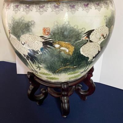 Oriental Crane Decorated Fish Bowl Planter