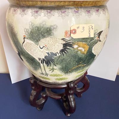Oriental Crane Decorated Fish Bowl Planter