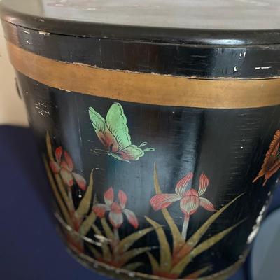 Enameled Butterfly Decorated Wood Box End Table