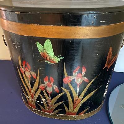 Enameled Butterfly Decorated Wood Box End Table