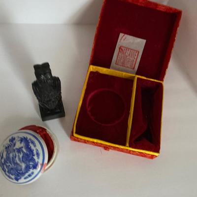 Chinese Stamp Kit & Asian Warrior Statue lot