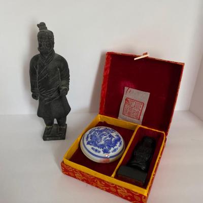 Chinese Stamp Kit & Asian Warrior Statue lot