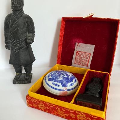 Chinese Stamp Kit & Asian Warrior Statue lot