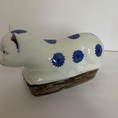 Chinese Porcelain Blue and White Recumbent Cat Pillow Statue