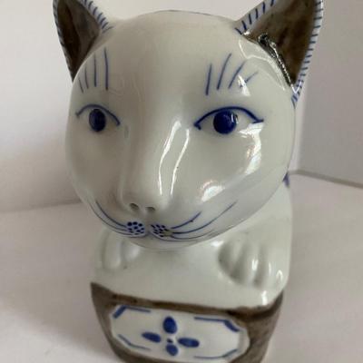 Chinese Porcelain Blue and White Recumbent Cat Pillow Statue