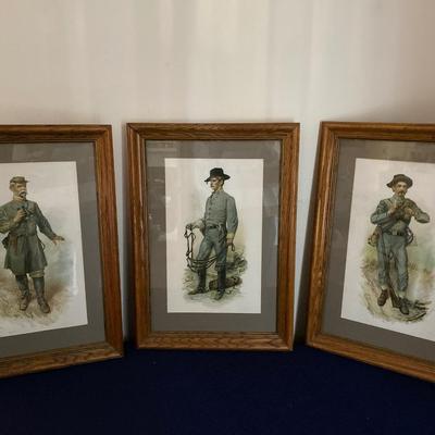 "Three Confederate Soldiers" Trio Chromolithographs  Framed Art Lot Ludwell