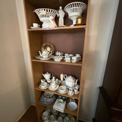 Particle Board Book Shelf w/Collectible Glassware Contents