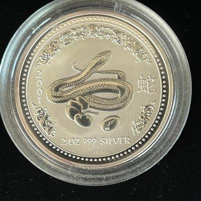 2001 Australian Lunar Year of the Snake 2 Oz 999 Silver Coin
