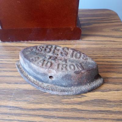 WOODEN TABLETOP CLOCK AND ASBESTOS IRON