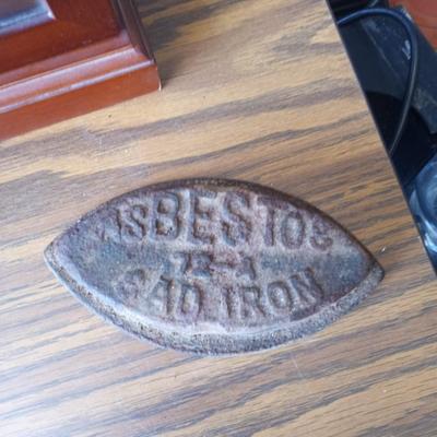 WOODEN TABLETOP CLOCK AND ASBESTOS IRON