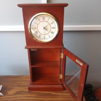 WOODEN TABLETOP CLOCK AND ASBESTOS IRON