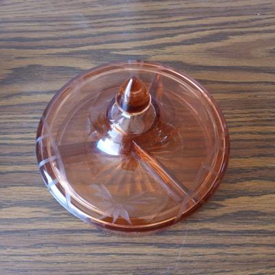 PINK DEPRESSION GLASS DISH AND VINTAGE STOVE CANISTER