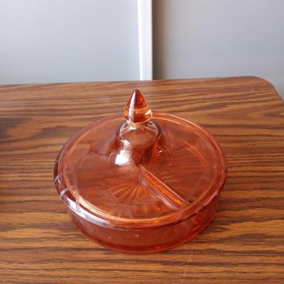 PINK DEPRESSION GLASS DISH AND VINTAGE STOVE CANISTER