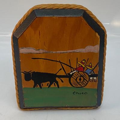 Vintage Hand-Painted Wood Bookend Cattle Pulling Cart Chico Signed
