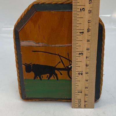 Vintage Hand-Painted Wood Bookend Cattle Pulling Cart Chico Signed