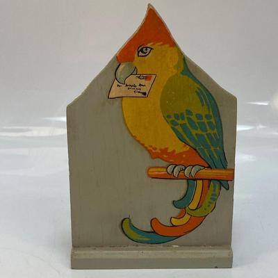 Vintage Vasen Iowa Hand-Painted Wooden Note/Letter Holder Parrot with Letter Kitschy