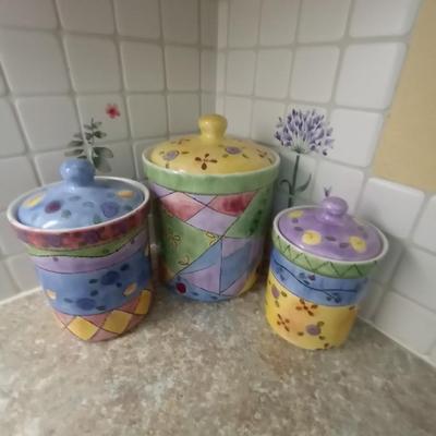 COLORFUL CERAMIC CANISTERS AND PLATTER