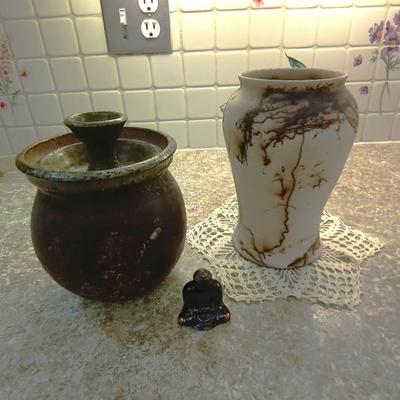 SIGNED CLAY VASE, CANISTER WITH A LID AND A SMALL BUDDHA