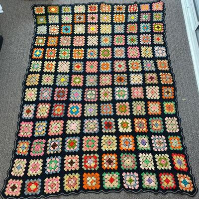 Vintage Handmade Black with Colorful Granny Squares Crochet Afghan Throw Blanket
