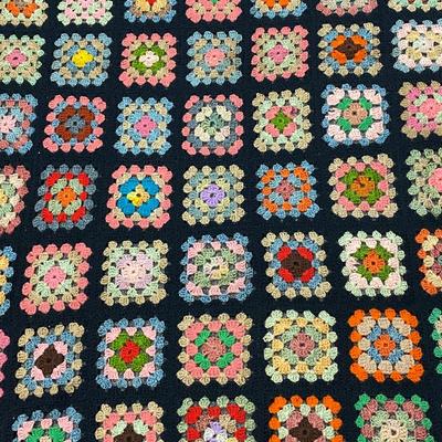 Vintage Handmade Black with Colorful Granny Squares Crochet Afghan Throw Blanket