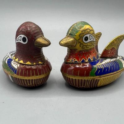 Vintage Pair of Colorful Enameled Metal Cloisonne Duck Bird Trinket Dish Box
