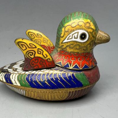 Vintage Pair of Colorful Enameled Metal Cloisonne Duck Bird Trinket Dish Box