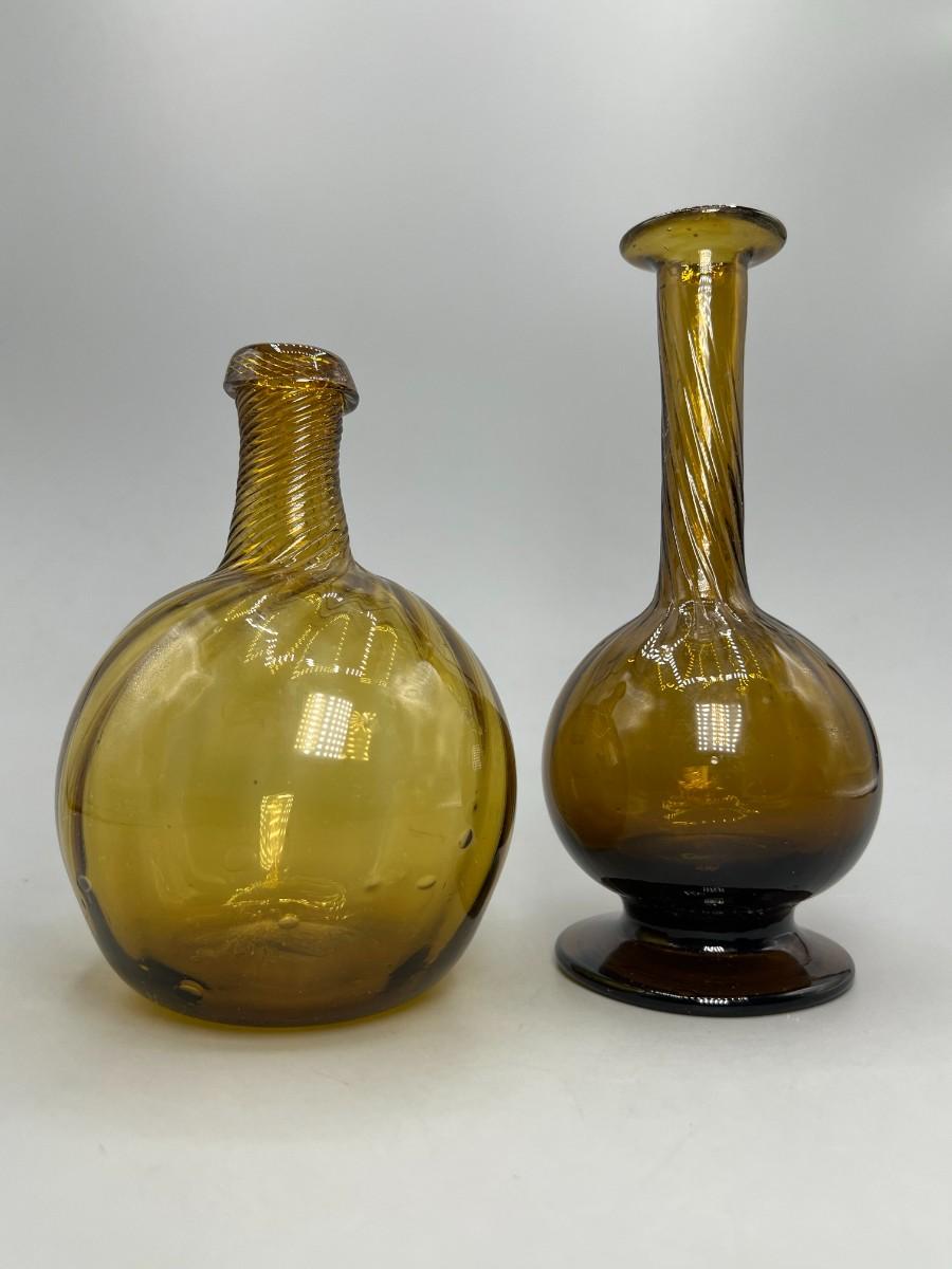 Pair of Vintage Swirled Yellow Gold Amber Glass Bud Vase Bottle