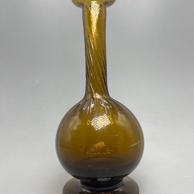 Pair of Vintage Swirled Yellow Gold Amber Glass Bud Vase Bottle