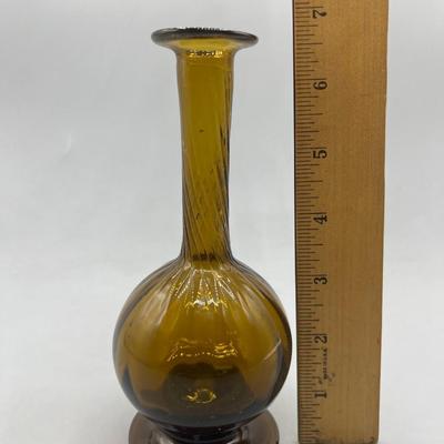 Pair of Vintage Swirled Yellow Gold Amber Glass Bud Vase Bottle