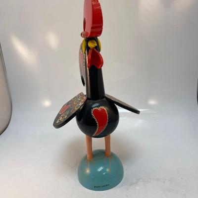 Vintage Made in Portugal Colorfully Painted Wood Rooster Music Box Figurine