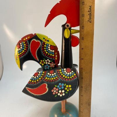 Vintage Made in Portugal Colorfully Painted Wood Rooster Music Box Figurine