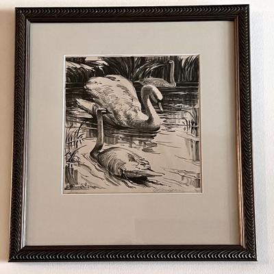 CA Seward Signed Titled Priairie Printmaker 2 Swans 1930