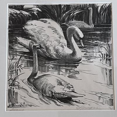 CA Seward Signed Titled Priairie Printmaker 2 Swans 1930