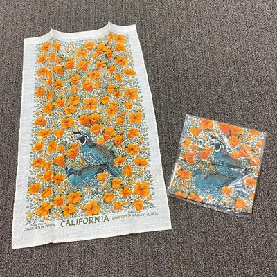 Pair of Vintage California Poppy Quail State Bird & Flower Tea Towels