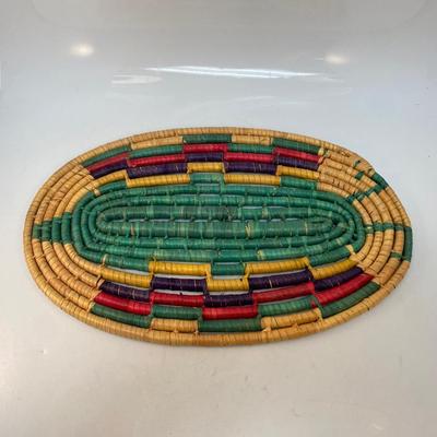 Vintage Retro Colorful Woven Straw Reed Oval Trivet Table Protector