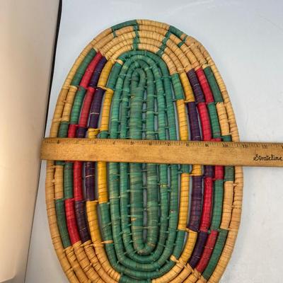 Vintage Retro Colorful Woven Straw Reed Oval Trivet Table Protector