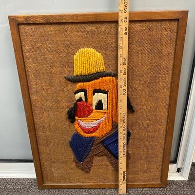 Vintage Hand-stiched Crewel Happy Smiling Clown Yarn Art Framed