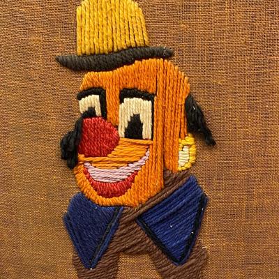 Vintage Hand-stiched Crewel Happy Smiling Clown Yarn Art Framed