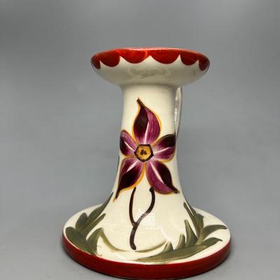 Vintage Made in Czechoslovakia Hand Painted Ceramic Flower Handled Candle Holder
