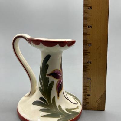 Vintage Made in Czechoslovakia Hand Painted Ceramic Flower Handled Candle Holder